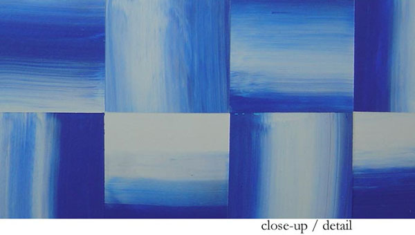 Blue and White Triptych Painting Close-Up