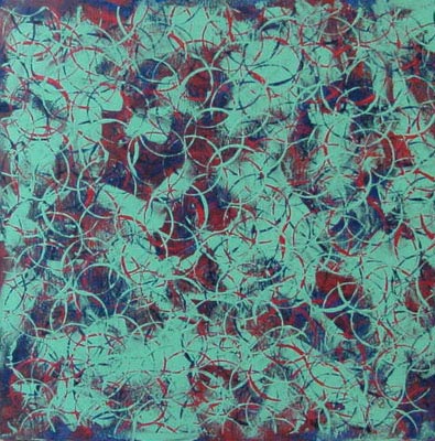 Abstract Circles Aqua on Red and Blue Painting