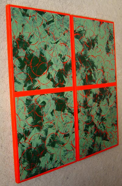 Modern Green on Red Circles Painting